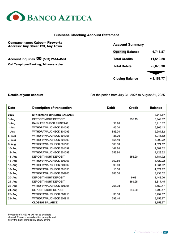 Salvador Banco Azteca organization checking account statement Word and PDF format